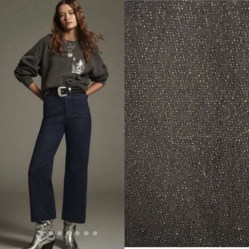NWOT Anthropologie Maeve Colette Sparkle Denim Wide Leg Blue Jeans Womens 32